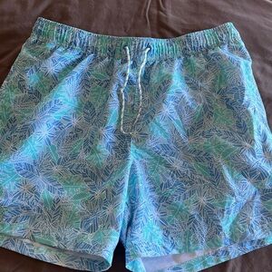 Men's Blue Green Leaf-Print Swim Trunks